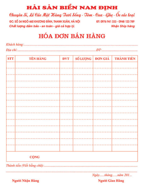 In hóa đơn cho Hải sản biển Nam Định