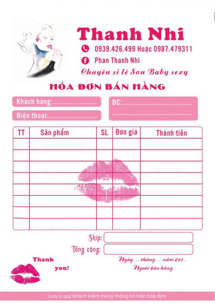 In hóa đơn cho Shop son Thanh Nhi